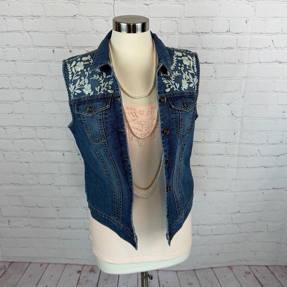 Ruff Hewn Blue Denim Vest with White Floral Accents